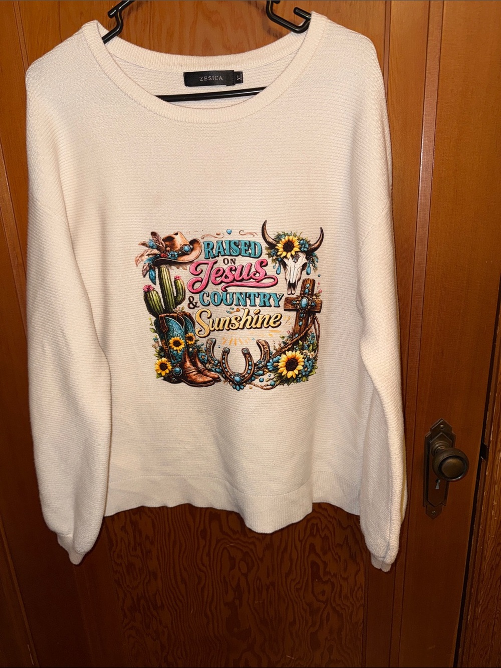 Zesica Cream Graphic Crewneck Sweater - 'Raised on Jesus & Country Sunshine'
